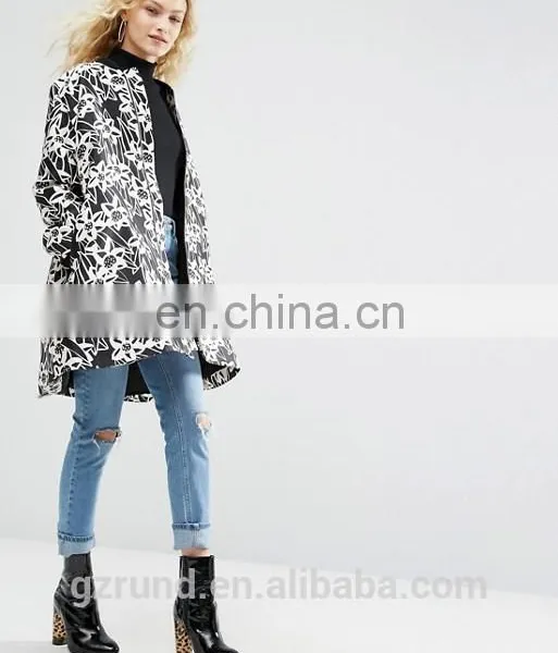 China Supplier Wholesale OEM ODM New Fashion Lady Winter Coat, Black and White Print Floral Satin A- Line Coat With Rib Detail photo-2