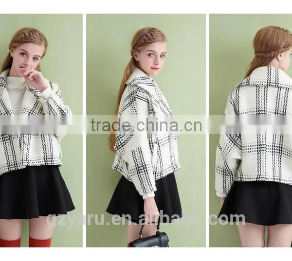 Latest Korean Fahsion Ladies Woolen New Checks Short Coat Winter Overcoat Jacket With Lapel Sweet Girls Teenagers Clothes photo-3