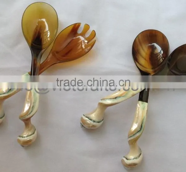 Buffalo Horn Salad Server Set With Shell Handle, 25cm Long