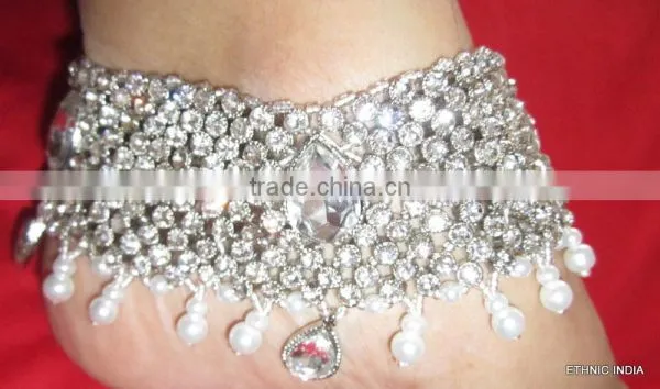 Silver Crystal Broad Payal ANKLETS Pair Feet Bracelet photo-5