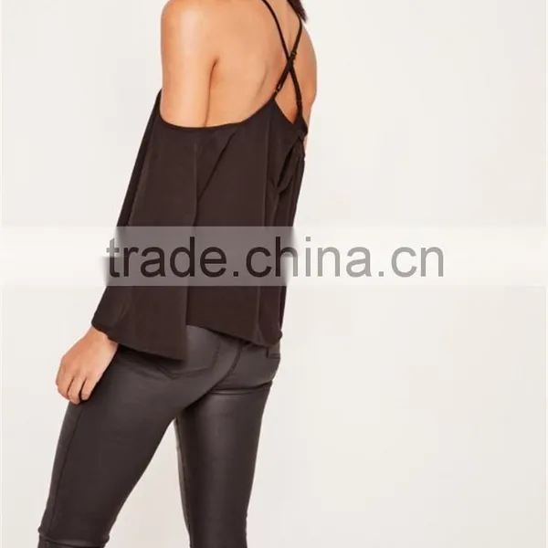MGOO 2017 Chiffon Cold Shoulder Blouse Long Sleeves Shirts Blouses Polyester Spandex Black Loose Style photo-5