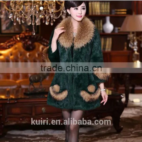 Hot Selling Korean Real Rex Rabbit Fur Coat With Raccoon Fur Collar Low Price Pc-140 photo-5