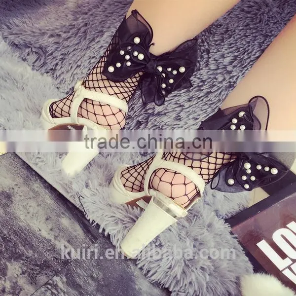 WS-36 2017New Hot Women Ruffle Large Fishnet Ankle High Socks Bow Tie Hollow Out Thin Mesh Lace Fish Net Short Socks photo-4