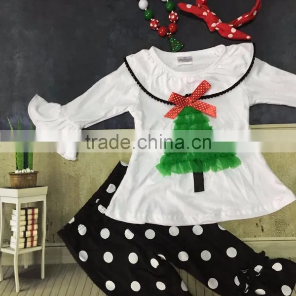 X-mas Suit White Top With Christmas Tree Christmas Outfits Girls Baby Clothing White Dot Pant With Matching Accessories Set photo-3