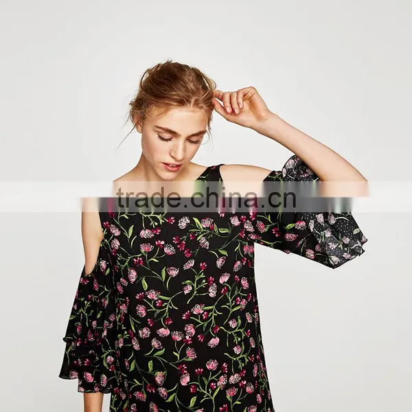 Black Short Sleeve Floral Print Dress, Women Cold Shoulder Summer Dress photo-5