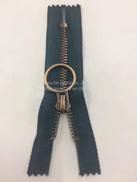 #3 #4 #5 #8 Metal Brass Zipper With Antique Brass Teeth, Circle Puller Close End
