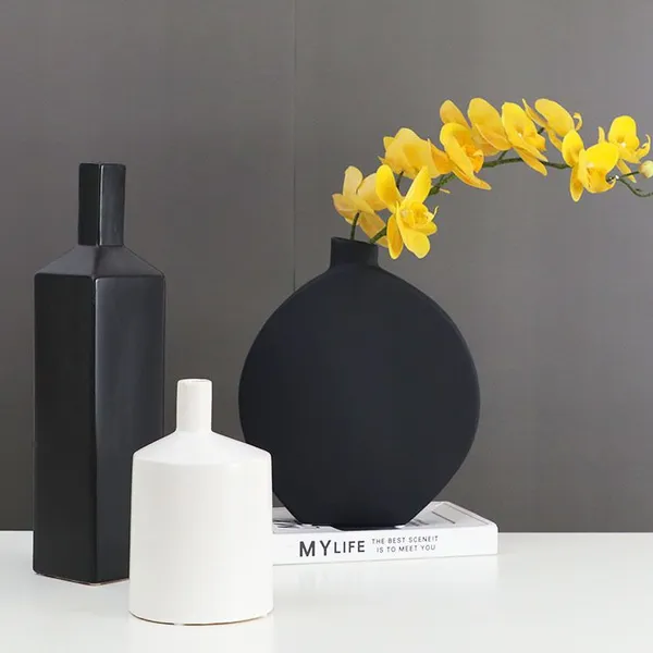 Circular Chinese Large White Black Elegant Round Vase For Hotel Office Home Showroom photo-3