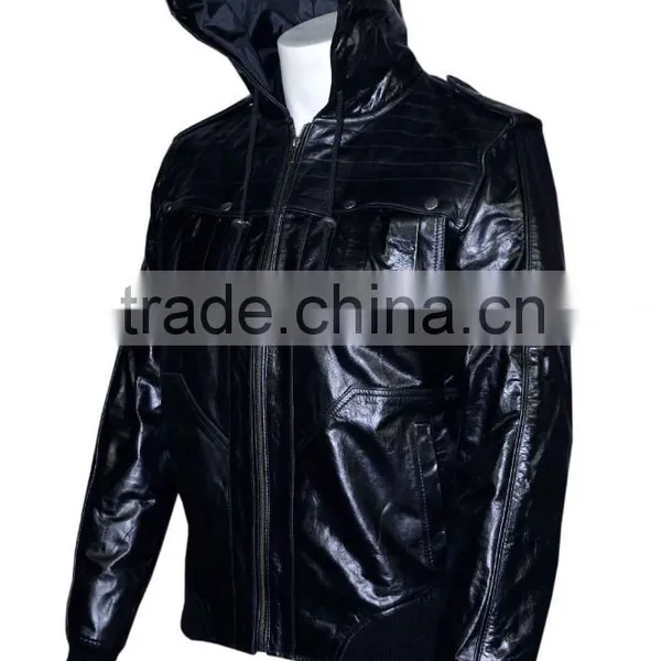 Black Hooded Leather Jacket for Men photo-3