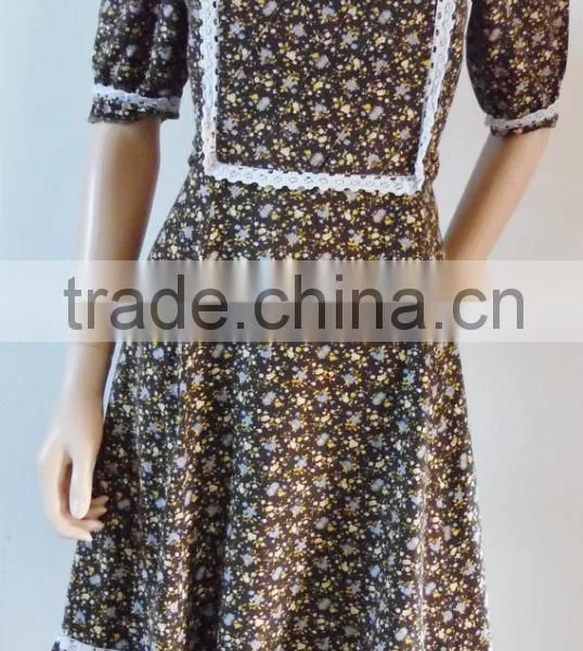 Summer French Petite Midi 70s Brown Vintage Women Casual One Piece Dress in Floral Print photo-2
