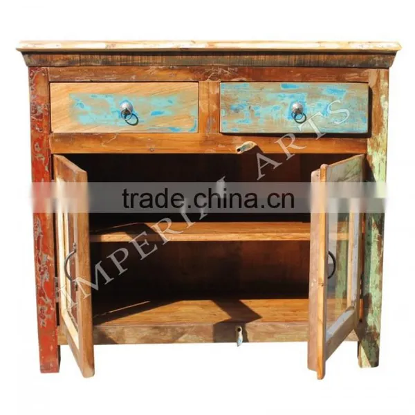 INDIAN RECYCLE GLASS WOOD 2 DRAWER SIDE BOARD photo-3