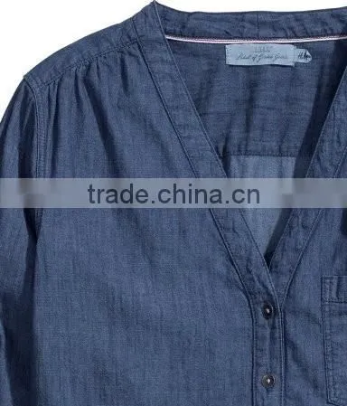 Women Long Sleeve V-neck Denim Shirt photo-3