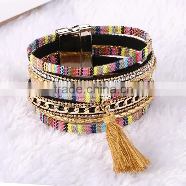 Bohemian Multilayer Rhinestone Crystal Magnetic Wide Velvet Leather Bracelet photo-6