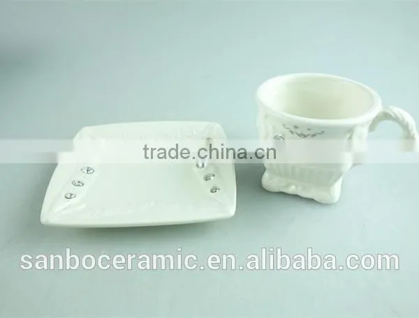 2015 Latest Design Square Shape Porcelain Cup and Saucer With Crystal,white Porcelain Cup and Saucer Set With Gold Decal photo-3