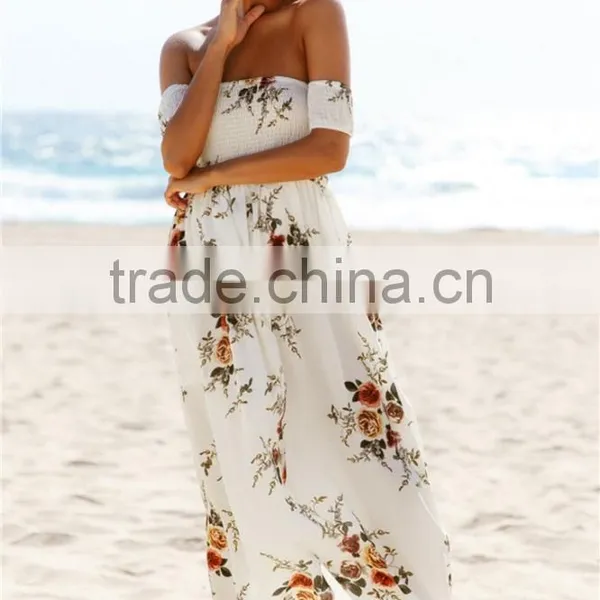 Boho Style Long Dress Women Fashion Off Shoulder Beach Summer Dresses Floral Print Vintage Chiffon White for Wholesale 2017 photo-4