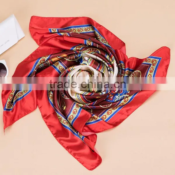 2017 Fashion Lady's Custom Digital Print Silk Satin Square Lady Scarf 90*90 photo-4