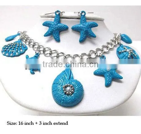 2013 Multi Metal Seed Beads on Sea Life Theme Charm Fashion Colorful Dangle Necklace Earring Set