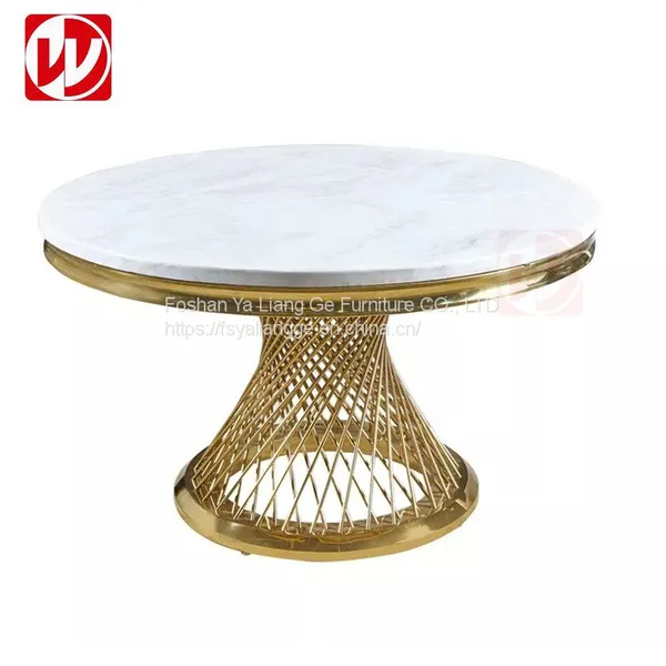 Antique Round Dining Room Furniture Restaurant Marble White Glass Top Golden Stainless Steel Wedding Banquet Table photo-2