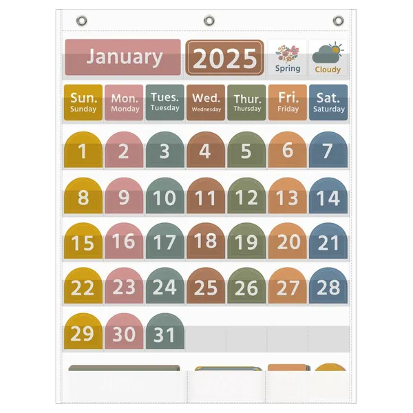 Large Boho Calendar Pocket Chart With 96 Cards for Classroom, Size:32.25 x 28 Inch Black Monthly Calendar and Weather Pocket Chart for Kids Learning for Home or Kindergarten.
