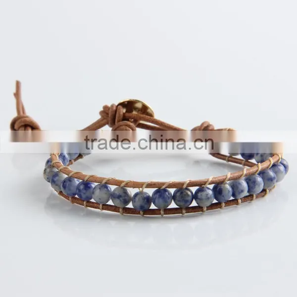 Newest Popular White &blue Stone Leather Bracelet Woven Lap 6 mm Wear Bracelet All Hand Needle for Women Chain Bracelet photo-2