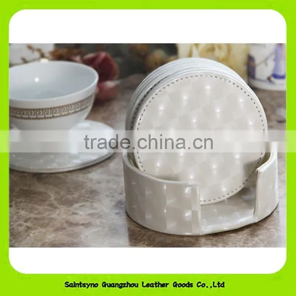 PU Leather Printed Set of 4 Hard Cardboard Tea Coasters With Round Holder 16021 photo-3