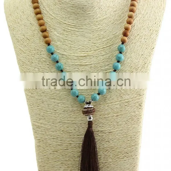 Unisex Women Wooden Beaded Necklace Gemstone Pendant Necklace With Tassel photo-4