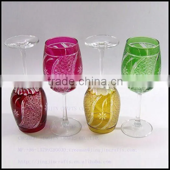 French Pink Hand Cut Red Wine Glass With Red Stem photo-2