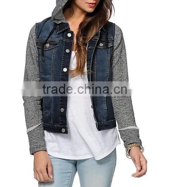 2017 New Design Sample Wholesale China Guangzhou Denim Facotry Winter Jean Women Long Sleeves Hooded Bomber Jacket for Ladies photo-2