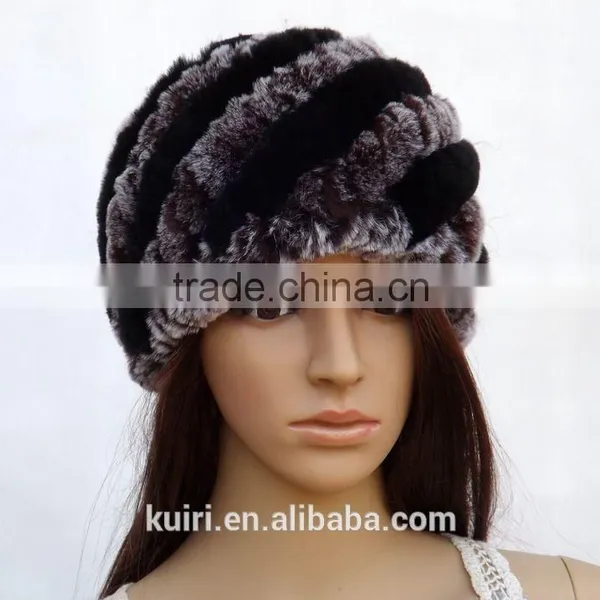 Rex Rabbit Fur Hats Fur Striped Knitted Cap for Women Genuine Rabbit Fur Hat Cap Winter Warms Hats photo-3