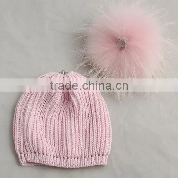 Myfur Baby Pink Raccoon Fur Pom Pom Knitting Hat With Raccoon Fur Bobble photo-5