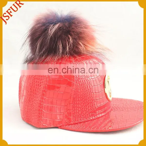 Hot Sale Big Size Colourful Raccoon Fur Pom Pom Leather Fur Hat photo-2