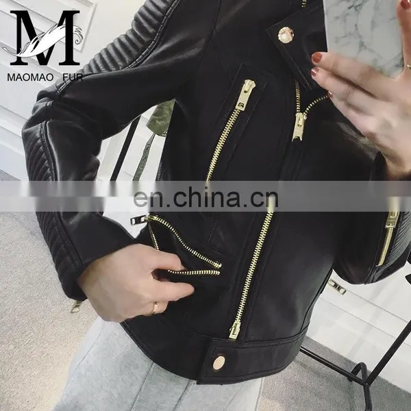 Wholesale Spring Female Long Sleeve Short Beaded Motorcycle Jacket Excelled Leather Jacket photo-5