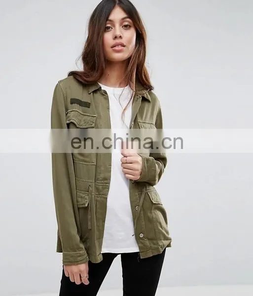 2016 Fashion Laper Collar Long Sleeve Women Army Green Front Button Jacket photo-2