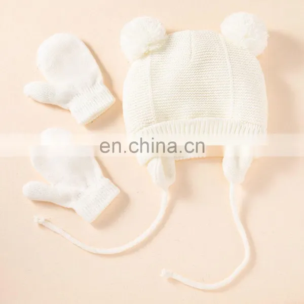 1-3 Years Hat Gloves Two Plush Balls Ropes Boys Girls Solid Color Knitted Kids Cap Gloves Set for Autumn Winter Warm Cap photo-3
