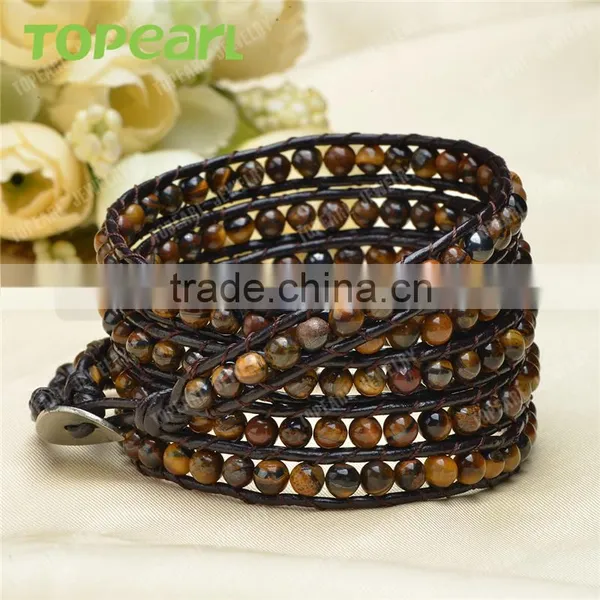Topearl Jewelry 2016 Tiger Eye Fashion Bracelet Woven Leather Wrap Bracelet 33.5 Inches CLL136 photo-3