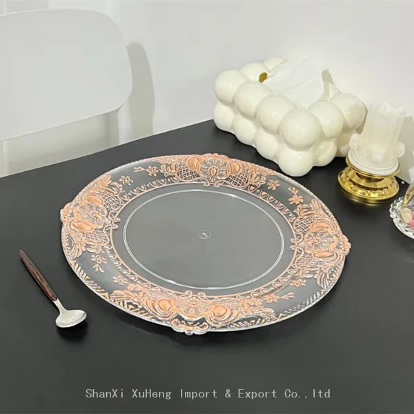 Luxury 13 Inch Round Rose Gold Bronzing Flower Plastic Charger Plate For Wedding Party photo-3