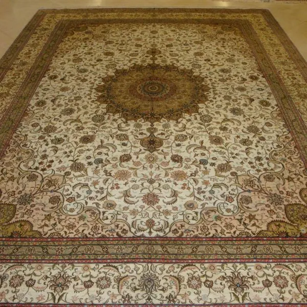9x12ft/274x366cm Beige Color Antique Handmade Silk Collection Persian Carpet and Rug photo-2