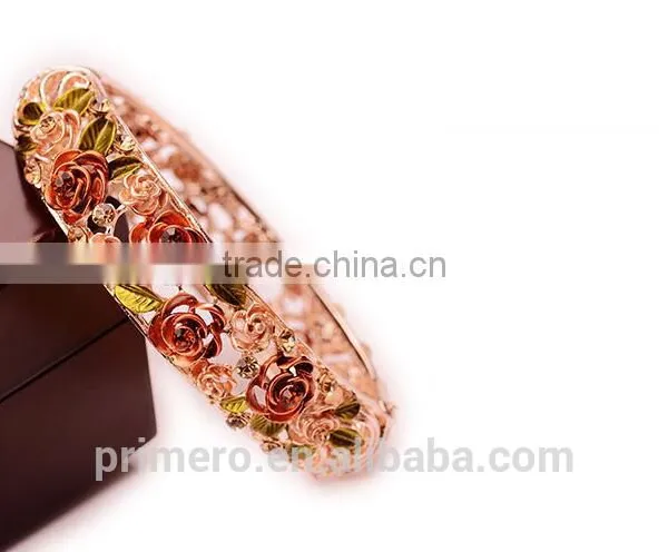 Rhinestone Embed Hollow Leaves Blessing Flowers Rose Golden Bracelets Bangles Women photo-5