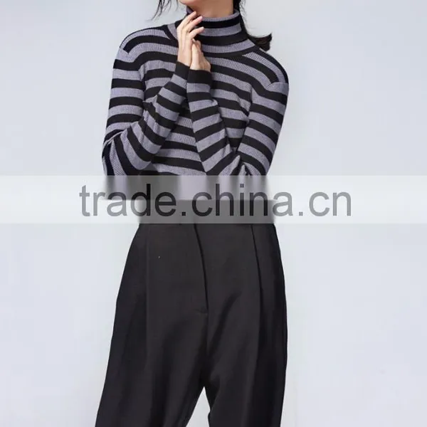 JS--11016A With Strips Classical Style Turtle Neck Slim Knitted Women Sweater Fashionable