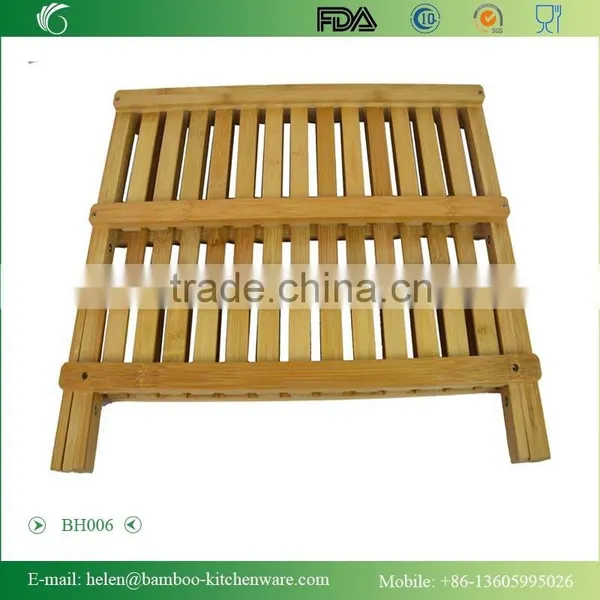 BH006/Natural Bamboo Foldable Dish Rack With Flatware Holder Durable Dish Drying Rack Kitchenware Bamboo Kitchen Cabinet Dish ra photo-4