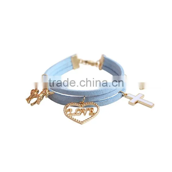 Gold Love Heart Cross Horse Feather Charms Sude Leather Bracelet Multi Layer Velvet Leather Bracelet photo-6