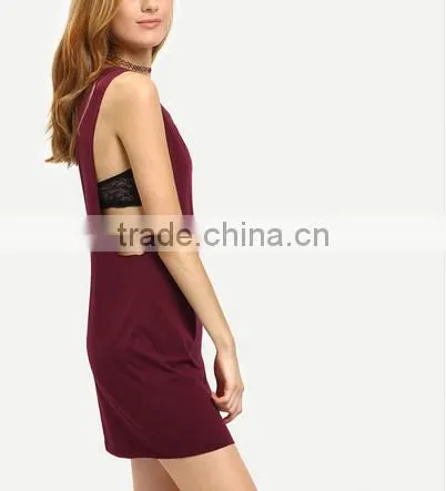2016 Ladies Summer Sexy Mini Dresses Women Plain Dark Purple Sleeveless V Neck Hollow Out Short Dress photo-2