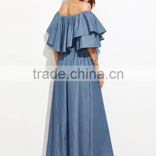 Ladies Ruffled Neck Off The Shoulder Short Sleeve Blue Color Tie Waist Long Maxi Denim Dress photo-5