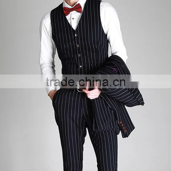 2017 Latest Design 3 Pieces Suits With Long Blazer Waistcoat and Pants Dark Blue Stripe Suite Made in China photo-2