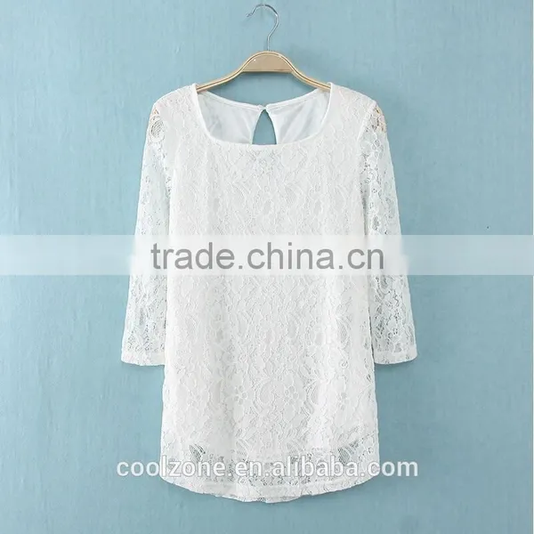 Elegant White Basic Woman Blouse Fashion Sheer Crochet Lace Blouse 2015 photo-4