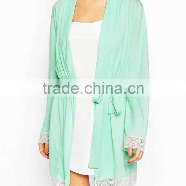 Soft Touch Jersey Fabric Open Front Lace Trim Bath Robe for Lady photo-4