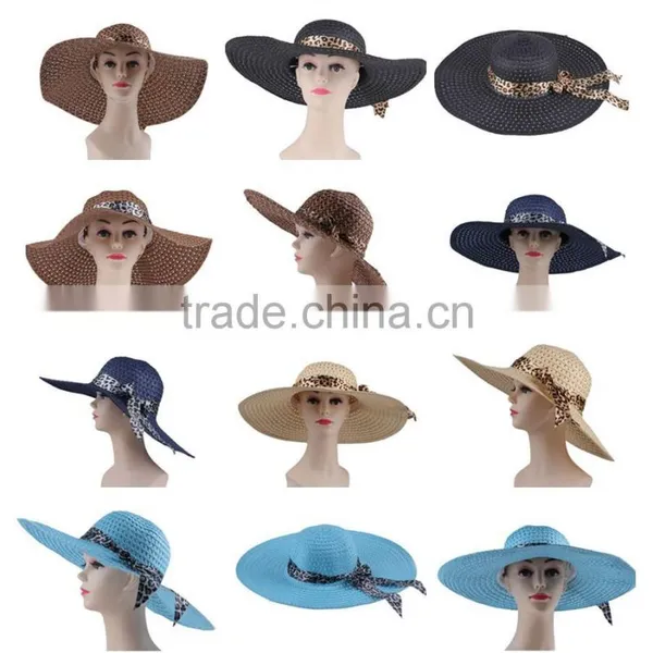 Leapord Chiffon Band Wide Brim Bucket Straw Cap Summer Outdoor Beach Hat photo-5