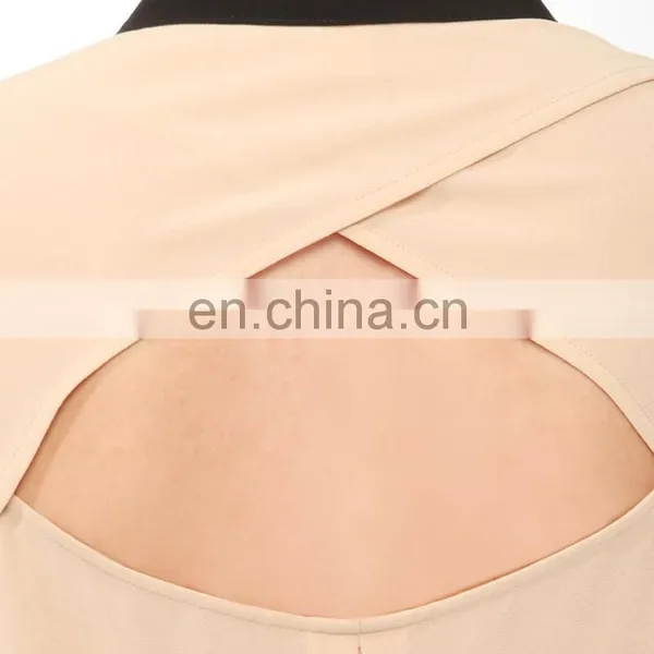 CHEFON Contrast Trim Relaxed Fit Patchwork Open Back Blouse With Low Back photo-4