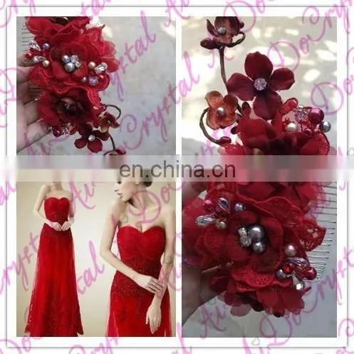 Aidocrystal Red Wedding Hairpiece Hair Flower With Pearl Hair Comb photo-3