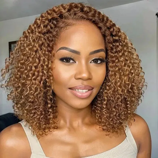 14inch Light Brown 5x5 Glueless Lace Closure Wig Deep Wave Colored Pre Plucked Bob Human Hair Lace Front Wig For Women photo-2