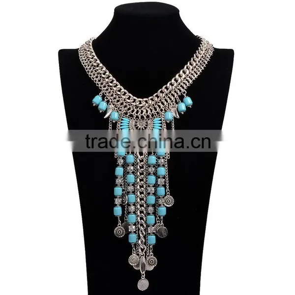 2016 High Quality Bohemian Vintage Necklace Antique Silver Turquoise Jewelry Long Tassel Necklace photo-4
